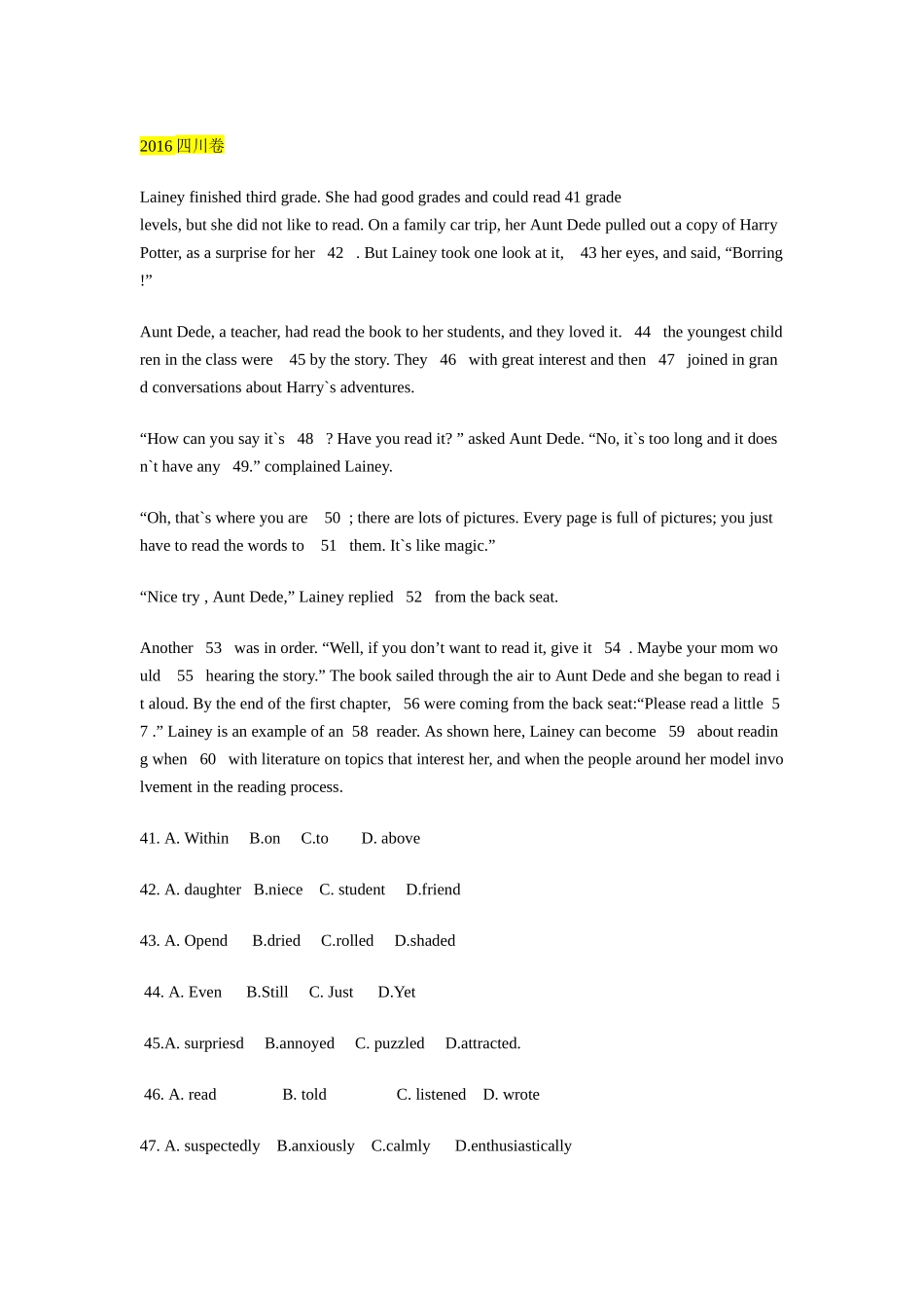 四川卷历年高考完形填空及答案汇总2011-2016_第1页
