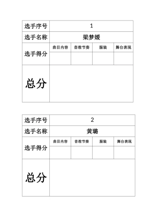 器乐大赛评分表