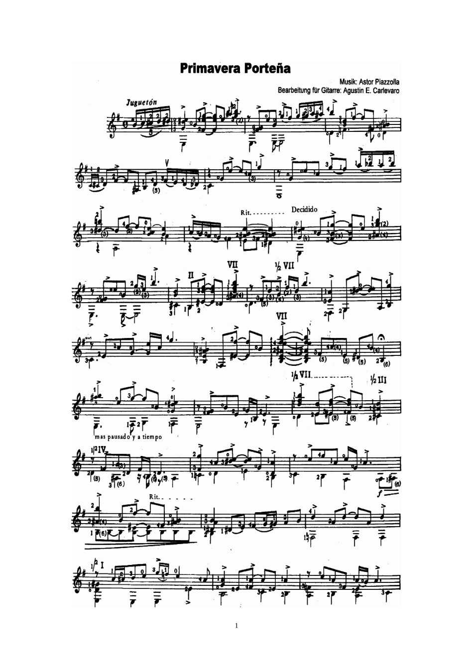 四季-布宜诺斯艾利斯的春天-Primavera-Portena;皮亚佐拉-Astor-Piazzolla(古典吉他谱-两个版本)_第1页