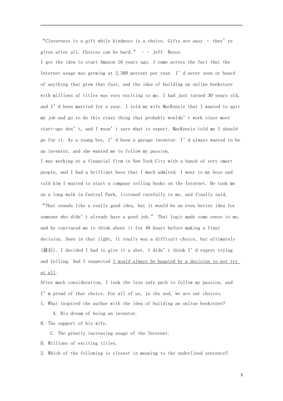 四川省2016高考英语二轮复习-阅读理解训练7_第3页