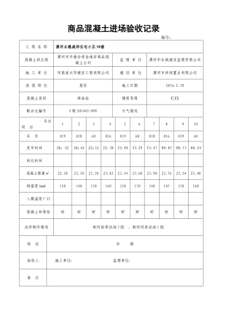商品混凝土进场验收记录--