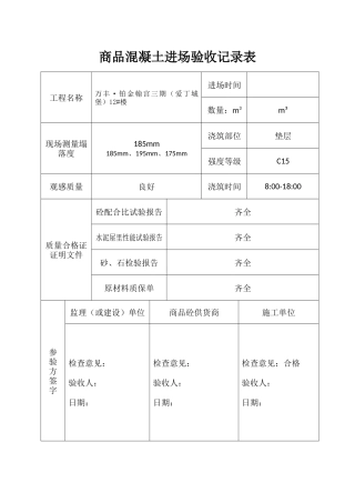 商品混凝土进场验收记录表