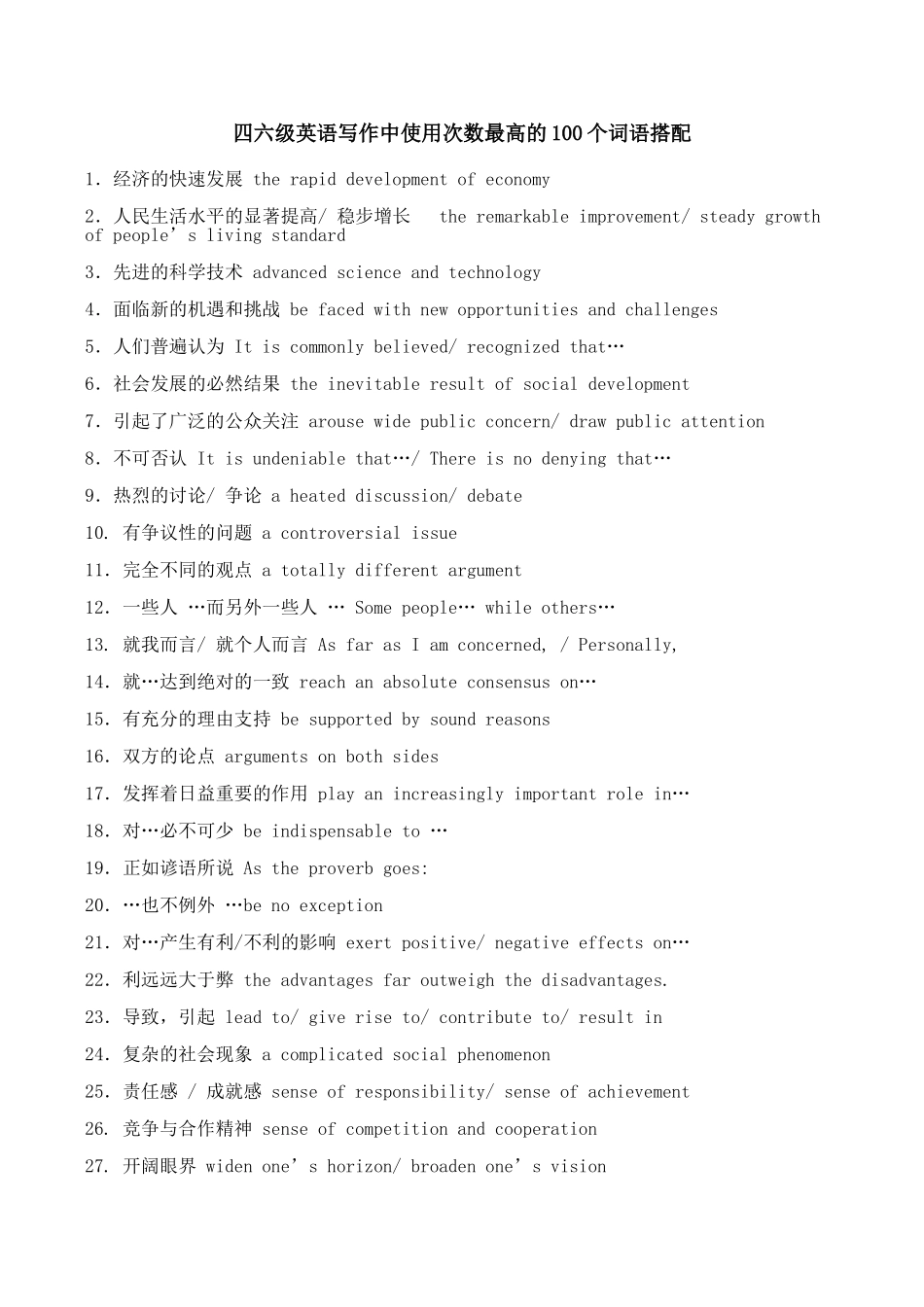 四六级英语写作中使用次数最高的100个词语搭配(同名6819)_第1页
