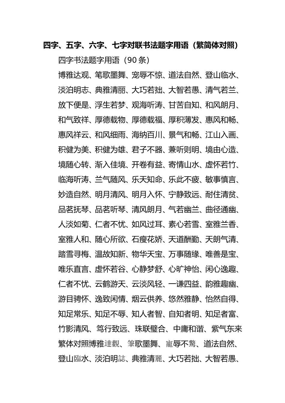 四字、五字、六字、七字对联书法题字用语(繁简体对照)---书法家必备之三_第1页