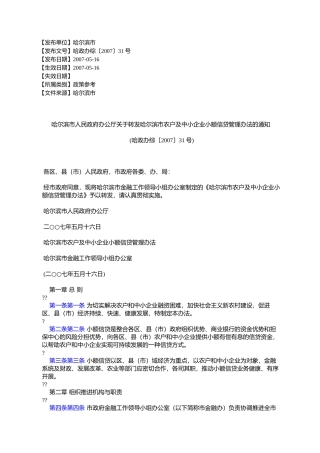 哈尔滨市人民政府办公厅关于转发哈尔滨市农户及中小企业小额信贷