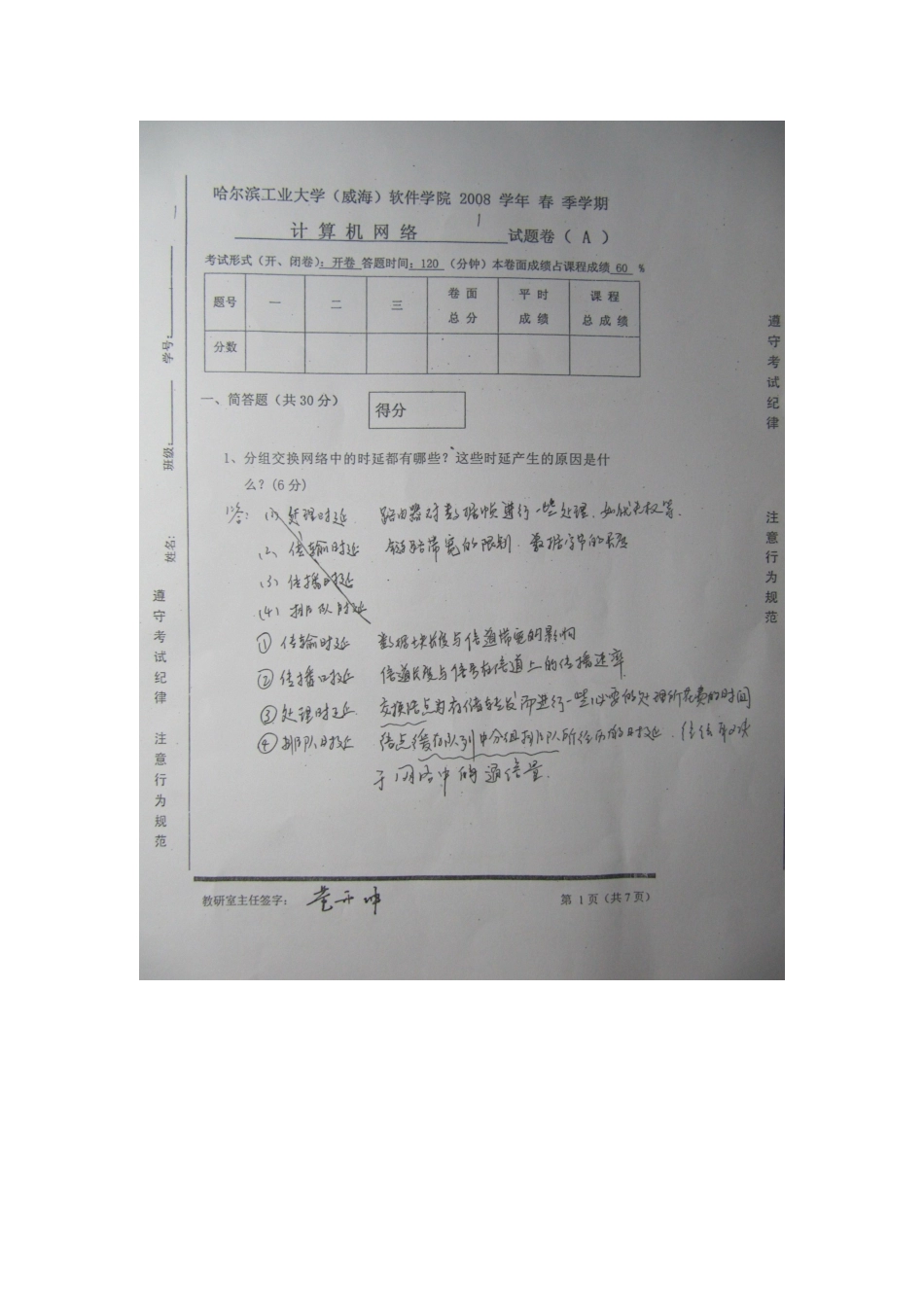 哈工大(威海)计算机网络试题(2008年春季-软件学院)_第1页