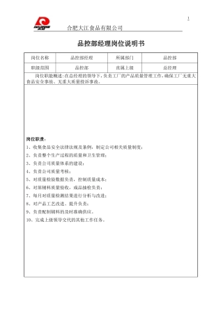 品控部岗位说明书