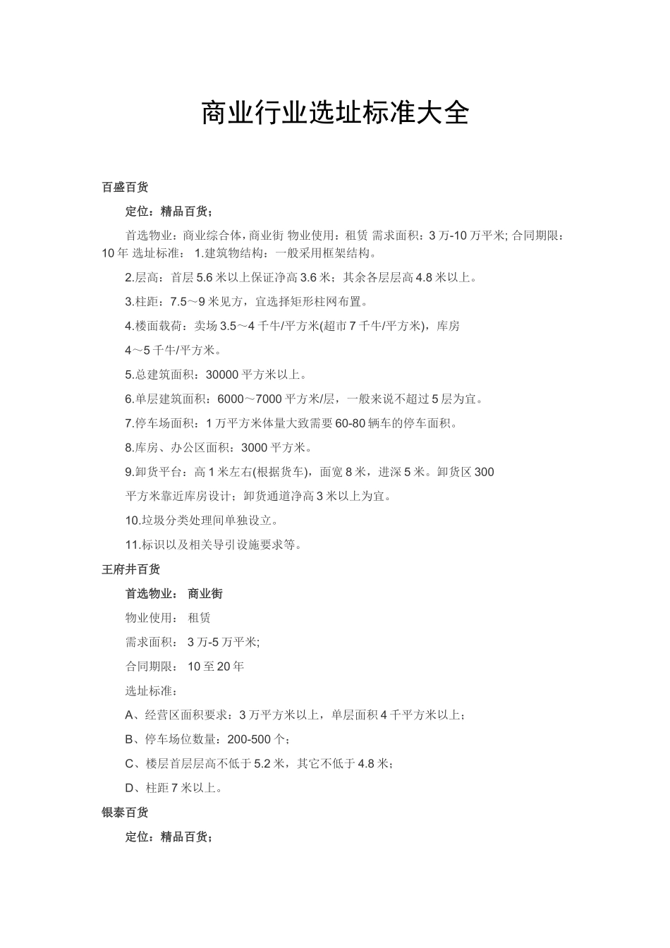 商业行业选址标准大全_第1页