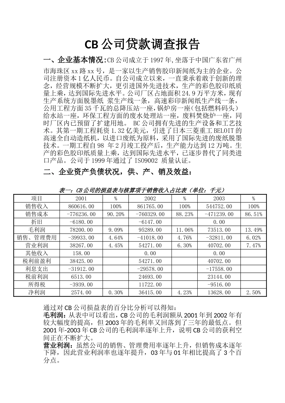 商业银行经营管理课程-CB公司贷款调查报告_第1页