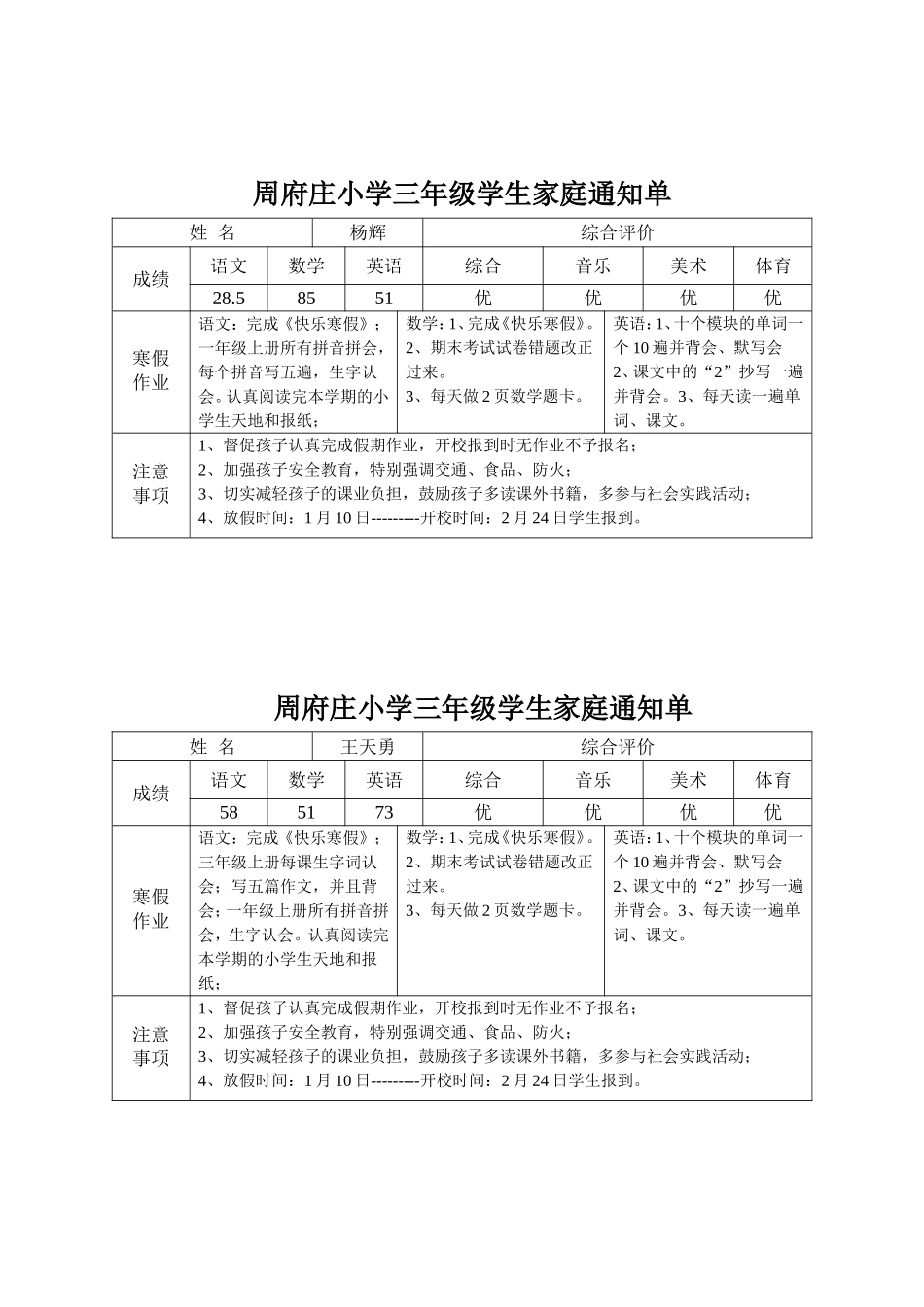 周府庄小学三年级学生家庭通知单_第2页