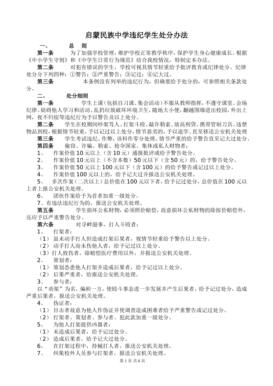 启蒙民族中学违纪学生处分办法_第1页