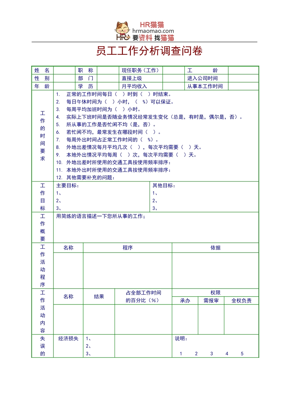 员工工作分析调查问卷-6页-HR猫猫_第1页