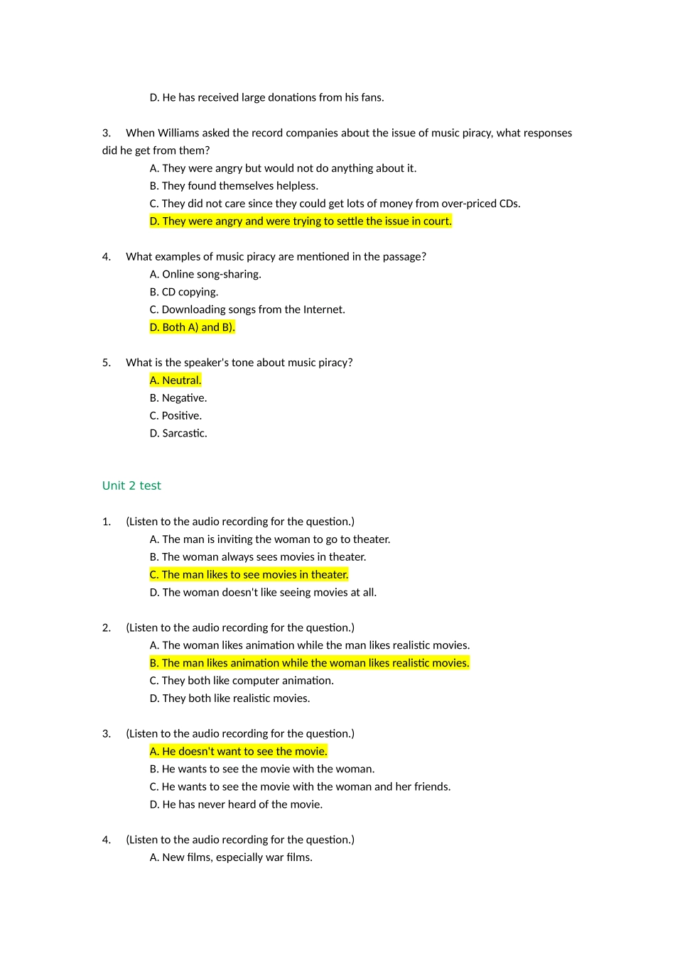 听力答案(大一第二学期测试题)_第2页