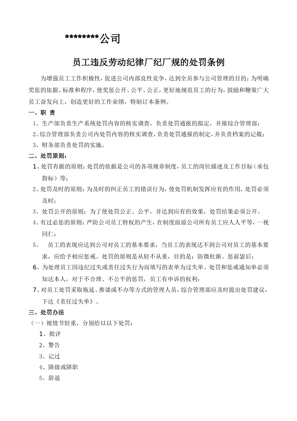 员工违反劳动纪律厂纪厂规的处罚条例1_第1页