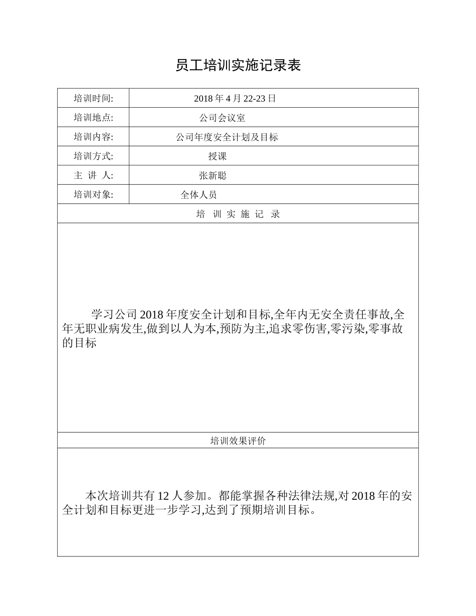 员工培训实施记录表及评价_第2页
