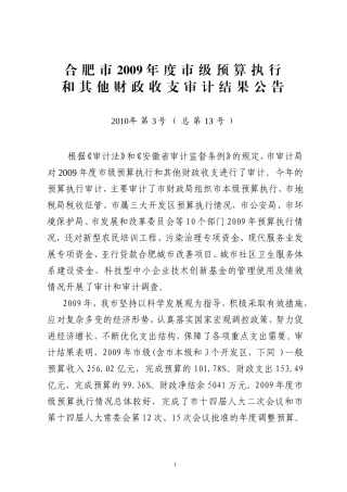 合肥市2009年度市级预算执行和其他财政收支审计结果公告
