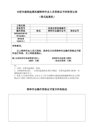 合肥市建筑起重机械特种作业人员资格证书审核登记表