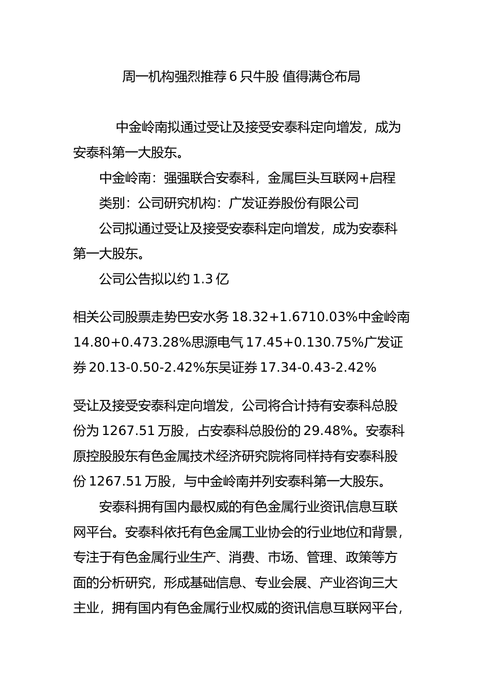 周一机构强烈推荐6只牛股-值得满仓布局_第1页