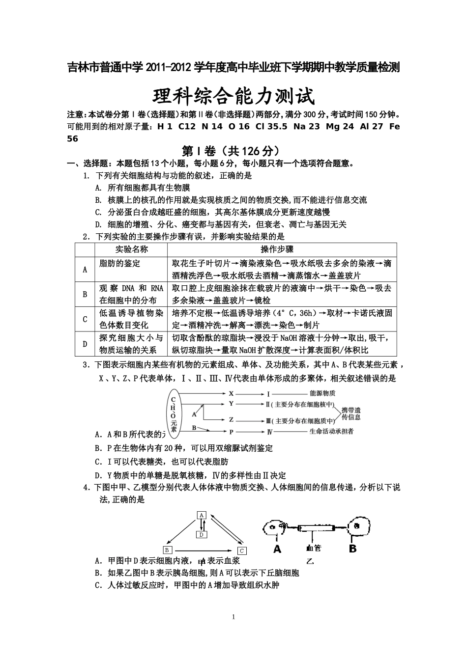 吉林省吉林市2012届高三第二次模拟考试(理综)_第1页