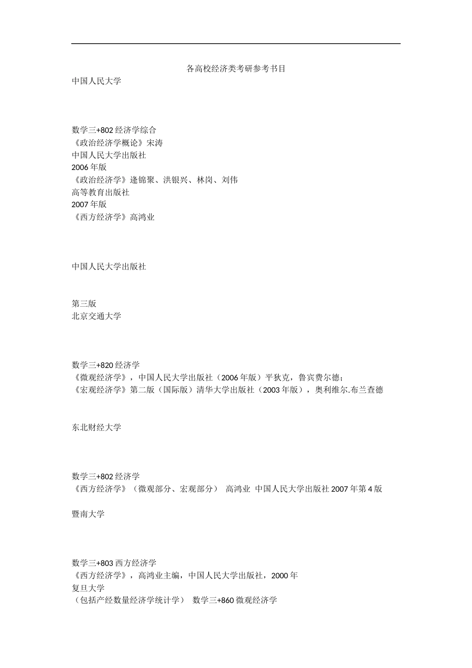 各高校经济类考研参考书目_第1页
