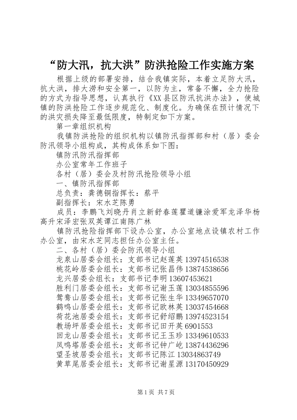 防大汛，抗大洪防洪抢险工作实施方案_第1页
