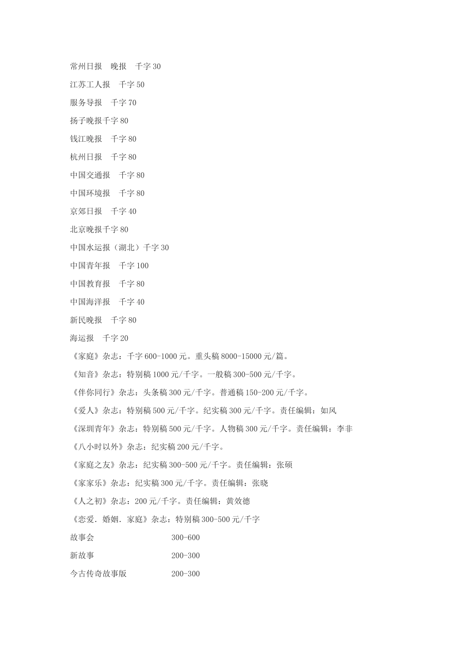 各大报社的稿费一览表_第3页