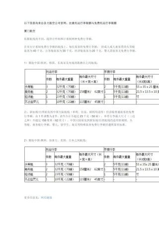 各大航空公司运行李限额与免费托运行李限额