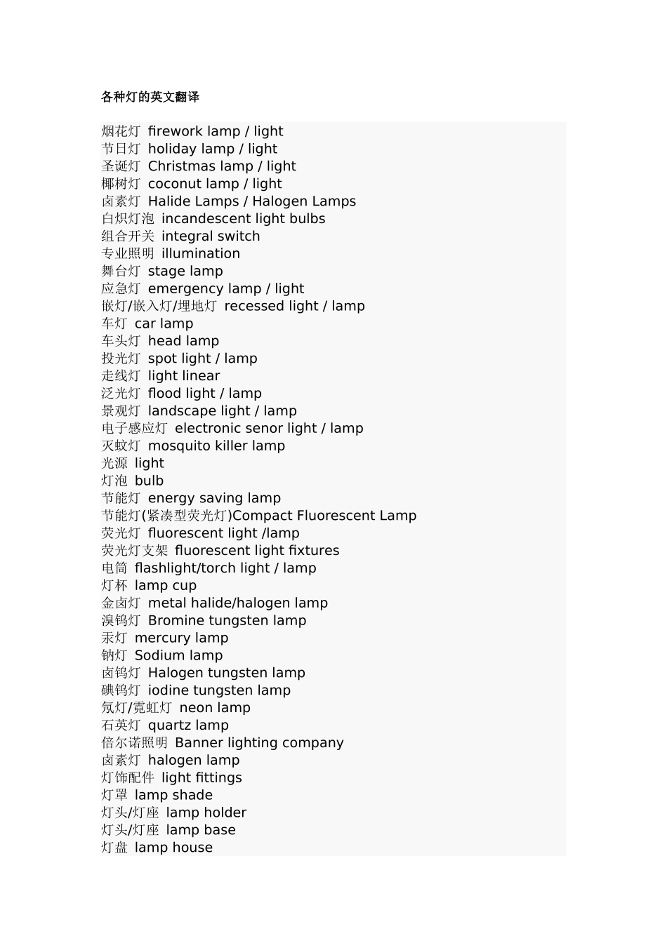 各种灯具英文翻译_第1页