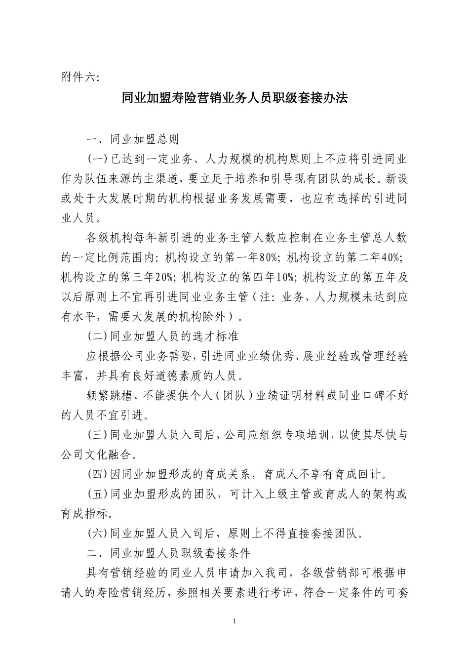 同业加盟寿险营销业务人员职级套接办法_第1页