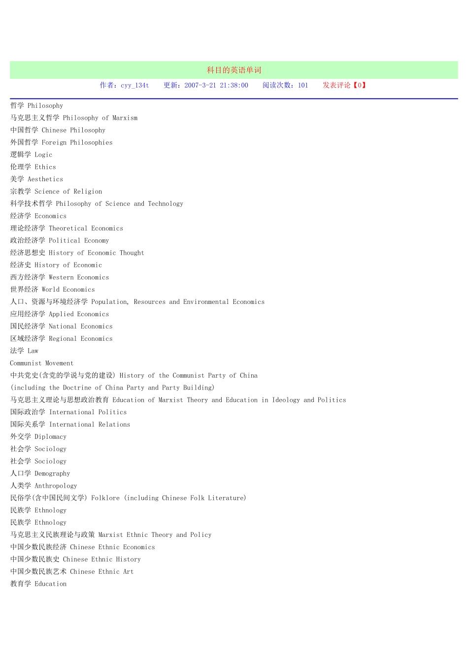 各个科目的英语单词_第1页