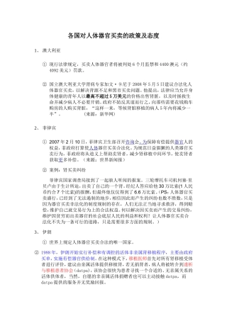 各国对人体器官买卖的政策及态度