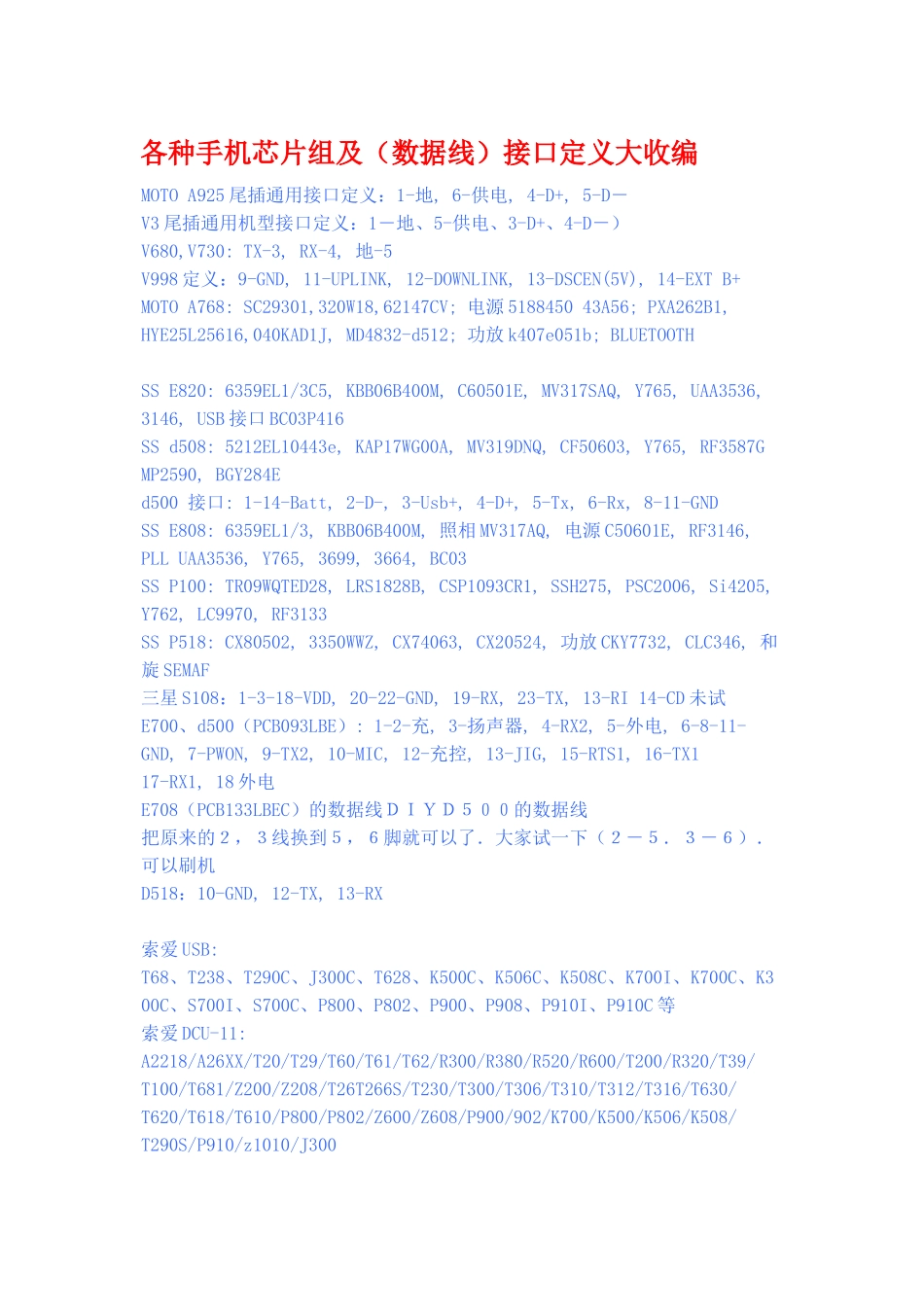 各种手机芯片组及(数据线)接口定义大收编_第1页