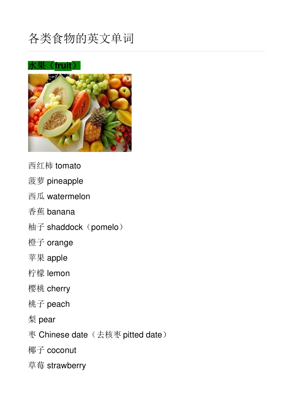 各类食物的英文单词-全(水果-蔬菜-海鲜-调料-主-干果-酒-零食-中式早点-饭-面类-汤类-中餐-西餐与日本料理)_第1页