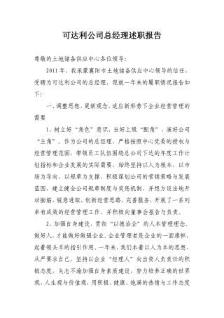 可达利公司总经理述职报告
