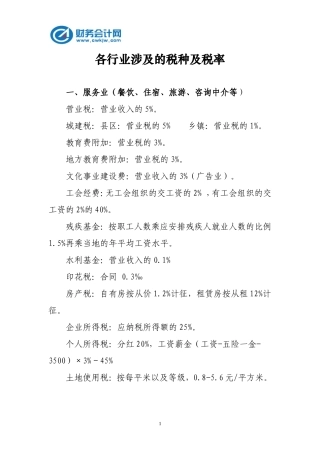 各行业涉及的税种及税率