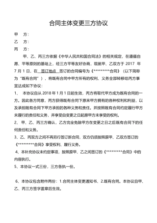合同主体变更三方协议模版