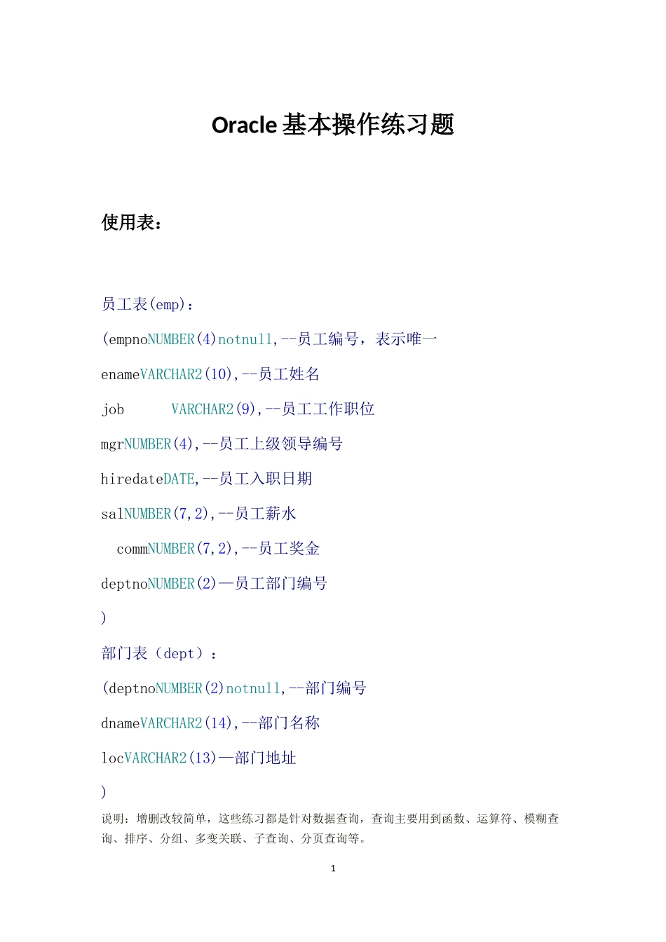 史上最全Oracle数据库基本操作练习题(含答案)_第1页