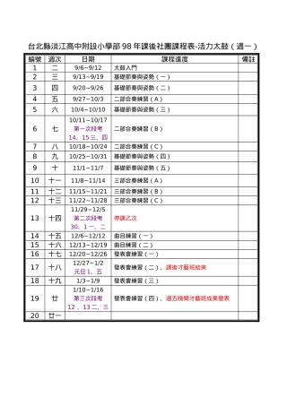 台北县淡江高中附设小学部98年课后社团课程表-活力太鼓...