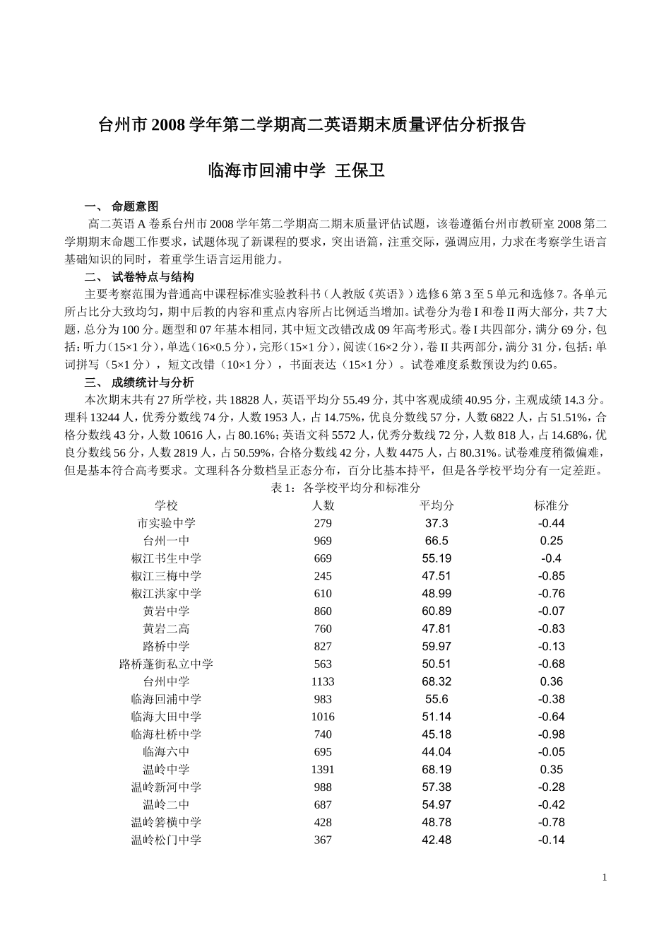 台州市2008学年第二学期高二英语期末质量评估分析报告_第1页