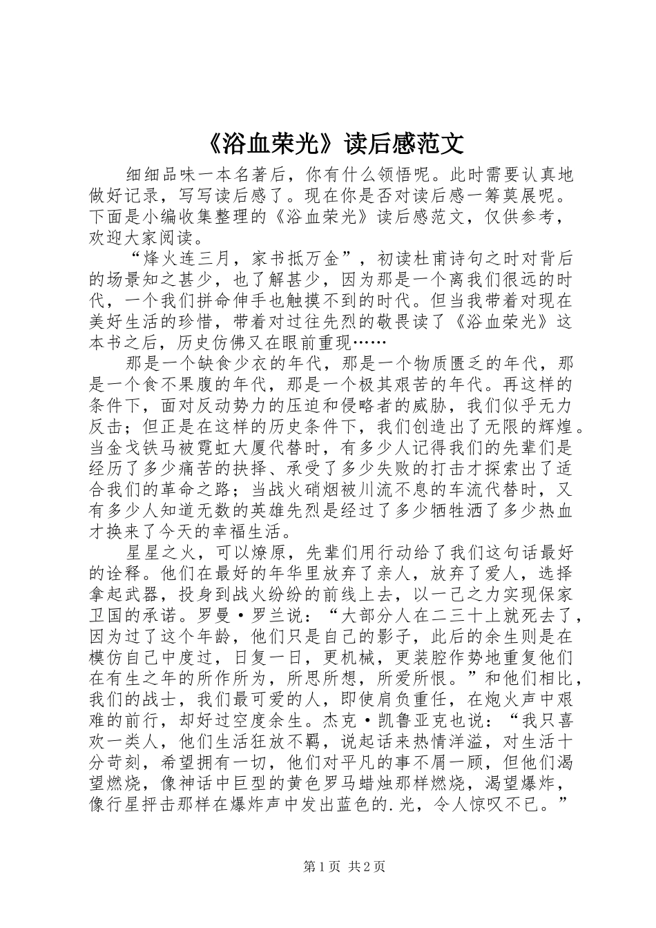 浴血荣光读后感范文_第1页