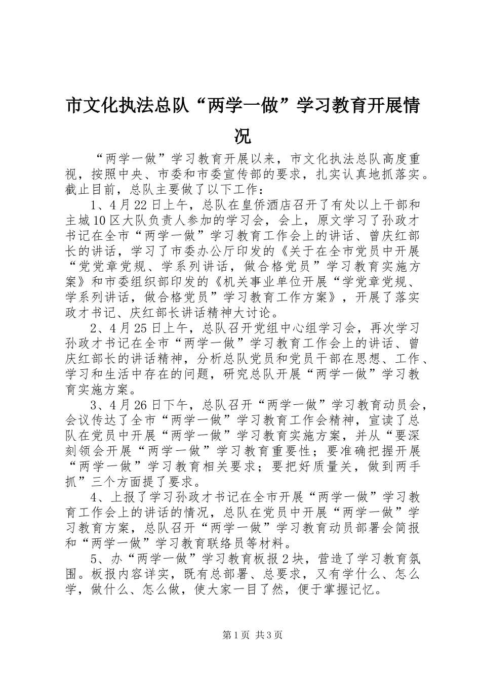 市文化执法总队两学一做学习教育开展情况_第1页