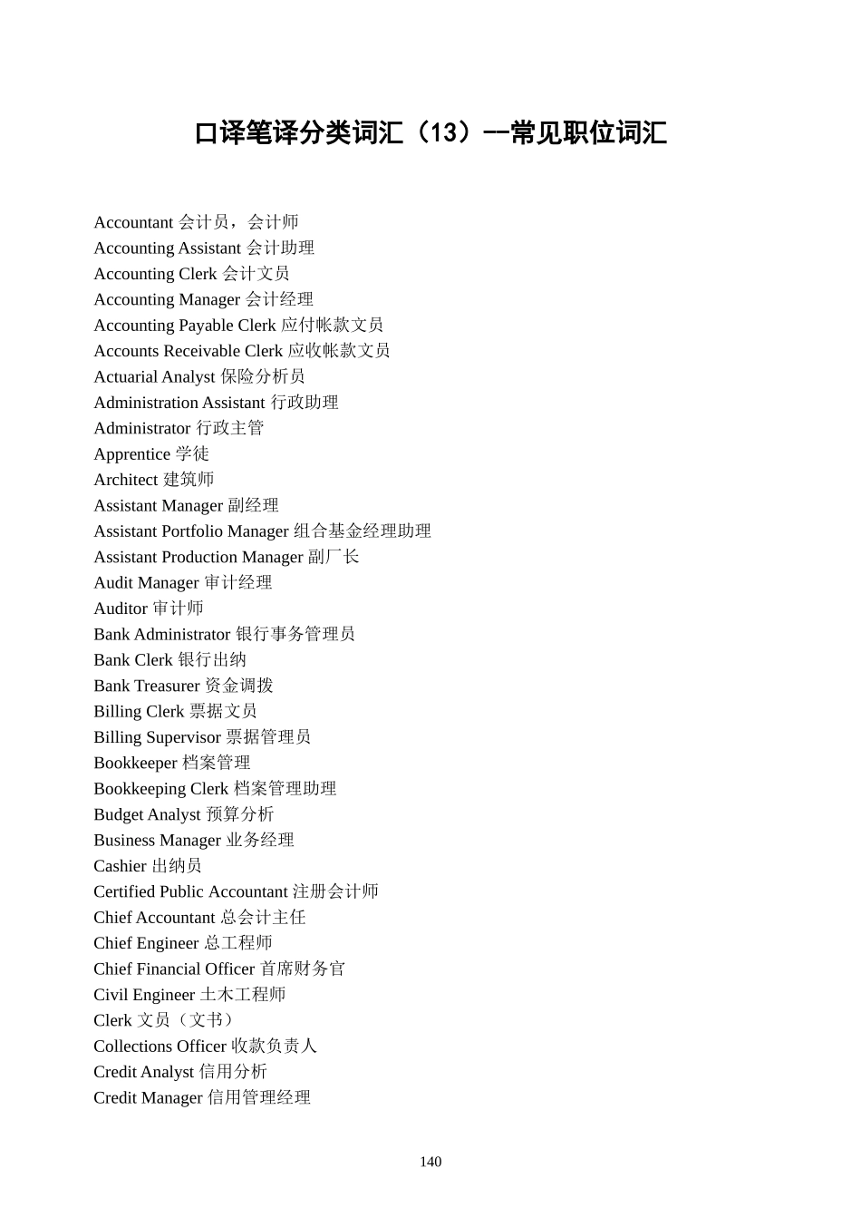 口译笔译分类词汇(13)--常见职位词汇_第1页