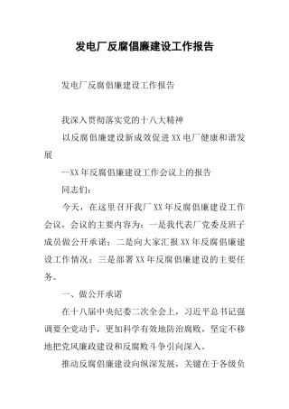 发电厂反腐倡廉建设工作报告