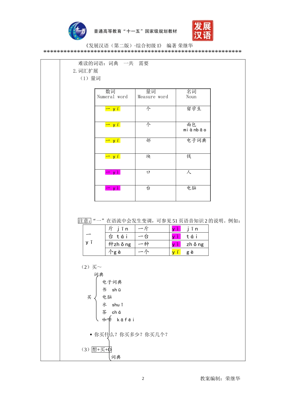 发展汉语初级综合1：第6课教案_第2页