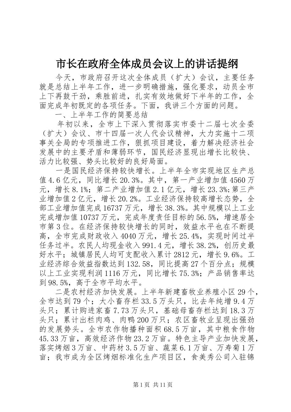市长在政府全体成员会议上的致辞提纲_第1页