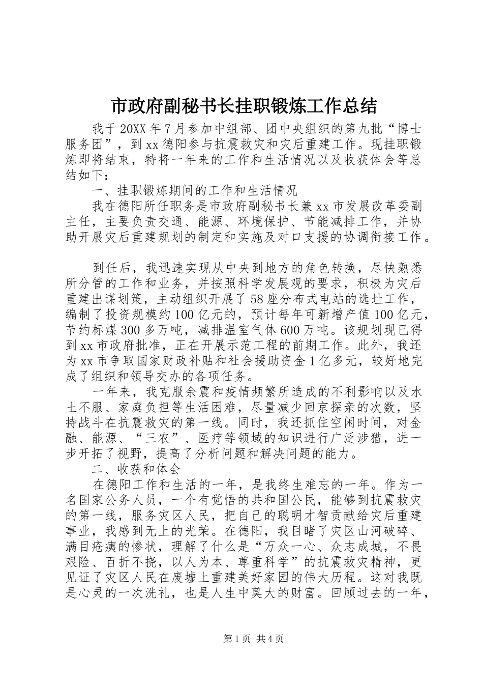 市政府副秘书长挂职锻炼工作总结_第1页