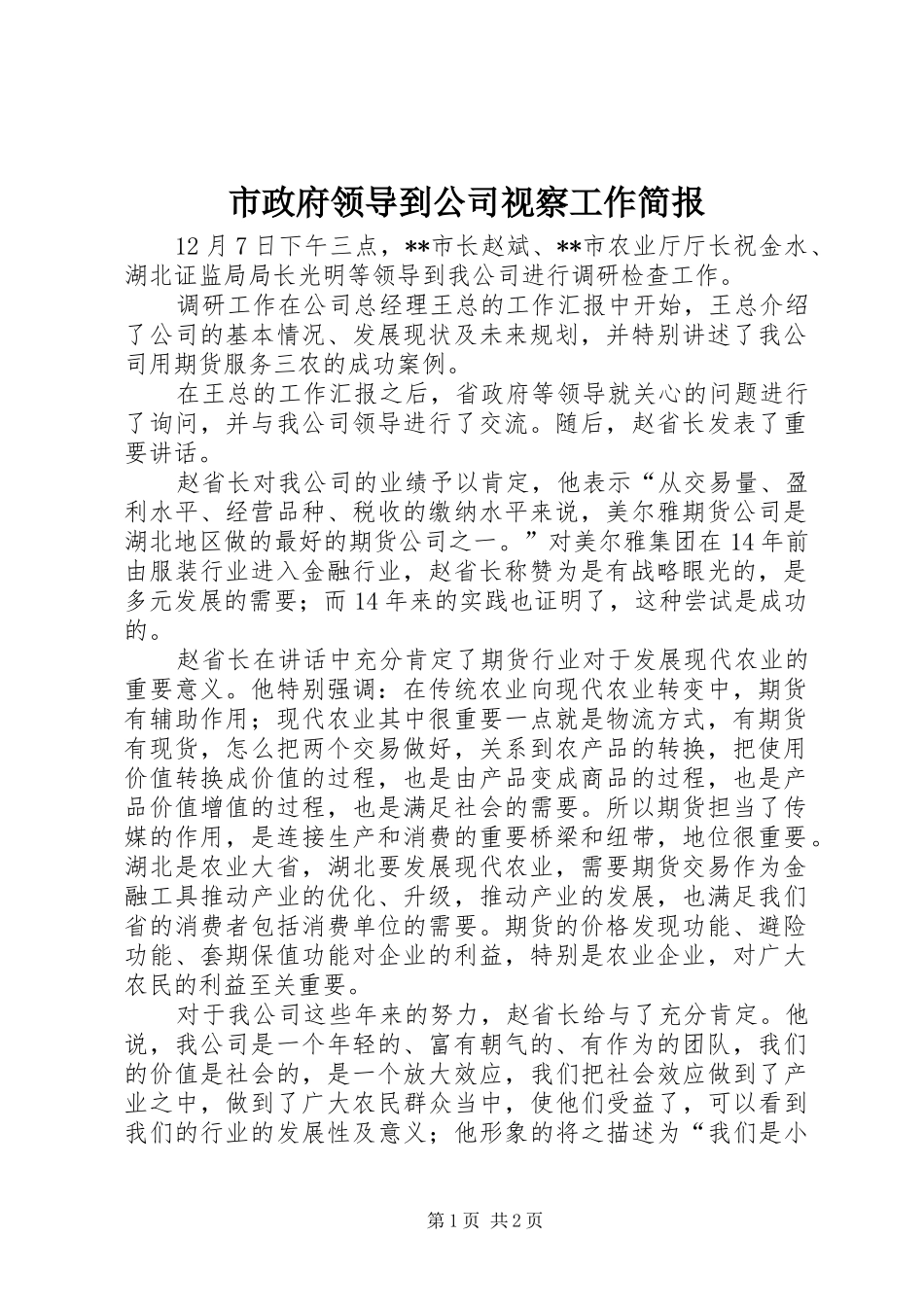 市政府领导到公司视察工作简报_第1页