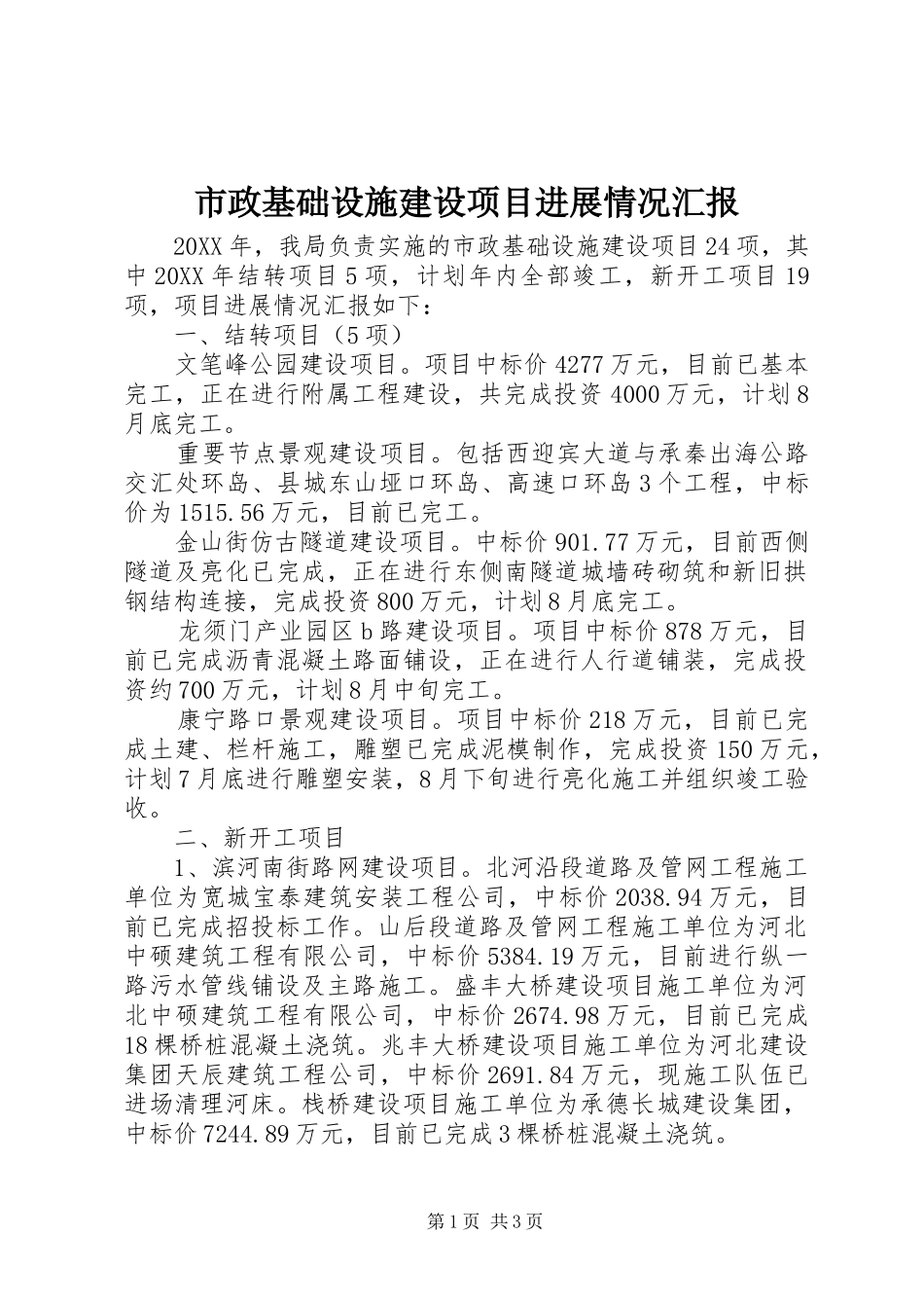 市政基础设施建设项目进展情况汇报_第1页