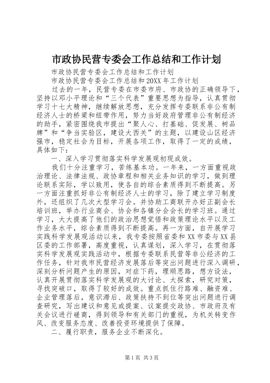 市政协民营专委会工作总结和工作计划_第1页