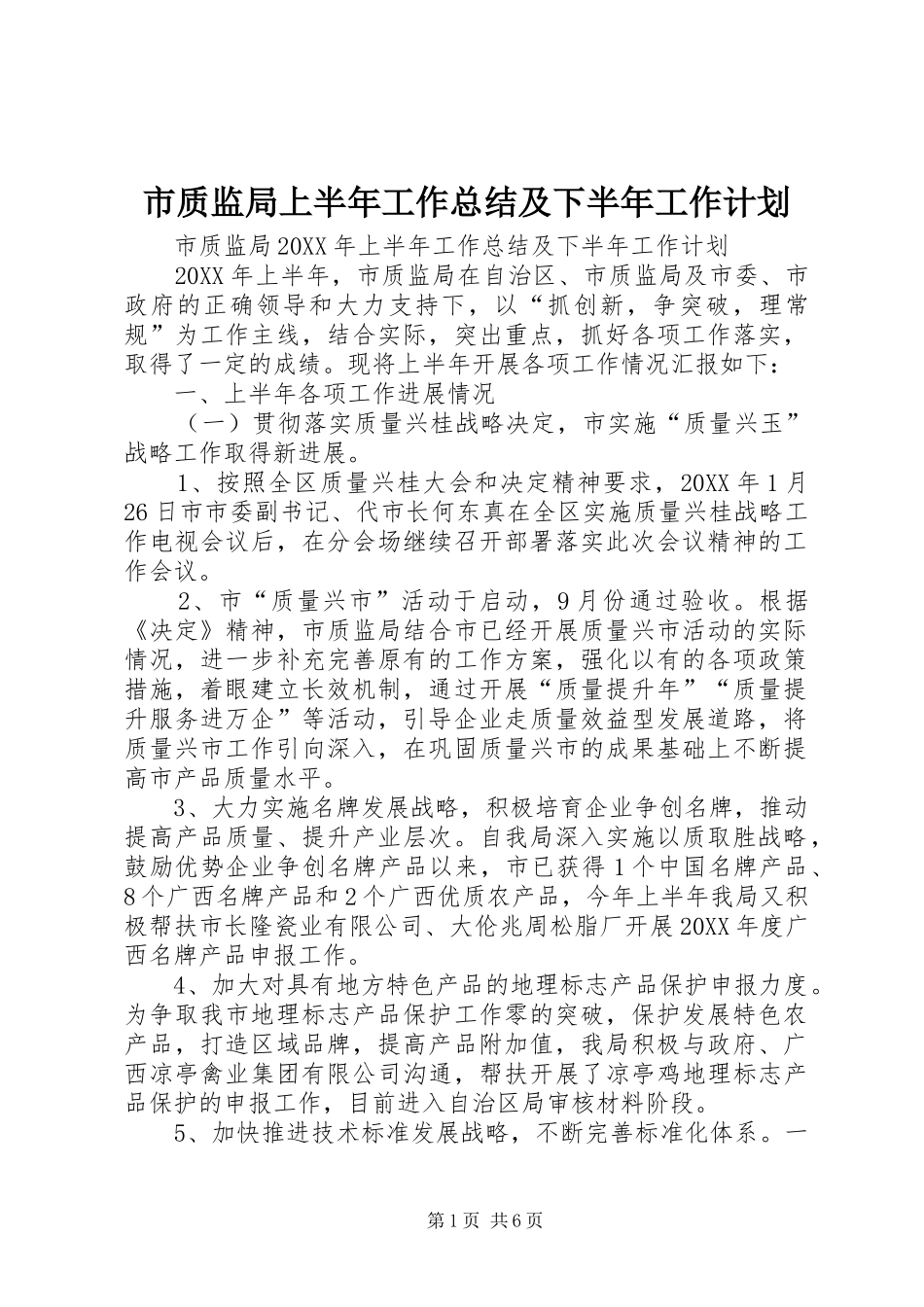 市质监局上半年工作总结及下半年工作计划_第1页